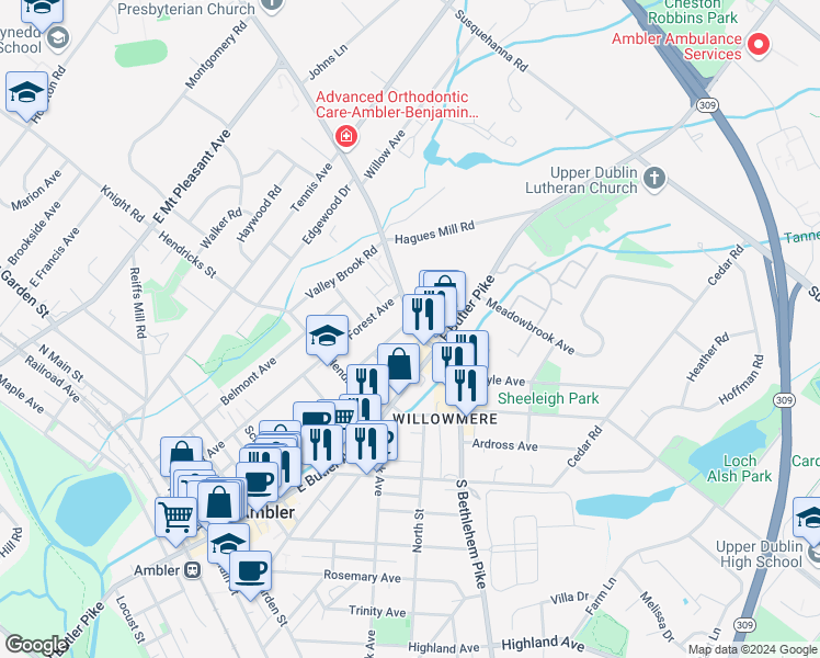 map of restaurants, bars, coffee shops, grocery stores, and more near 368 Fairview Avenue in Ambler