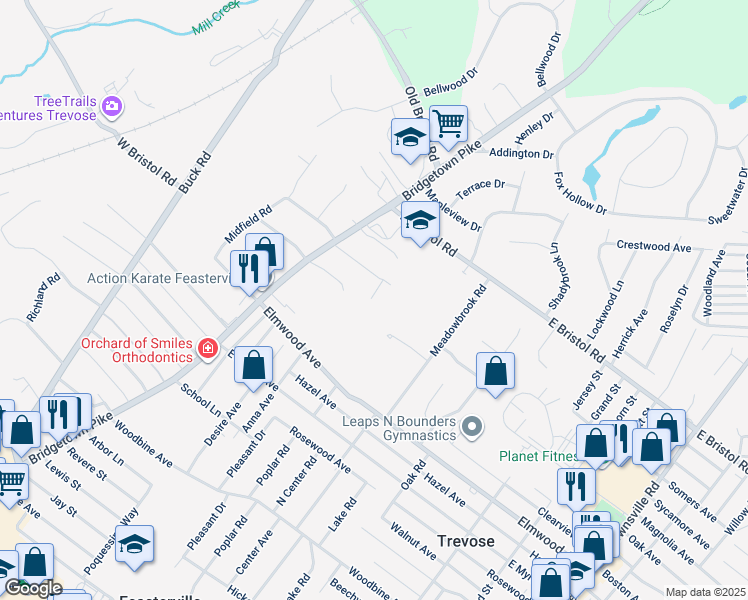 map of restaurants, bars, coffee shops, grocery stores, and more near 116 East Endfield Road in Feasterville-Trevose