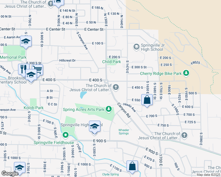 map of restaurants, bars, coffee shops, grocery stores, and more near 457 Canyon Drive in Springville