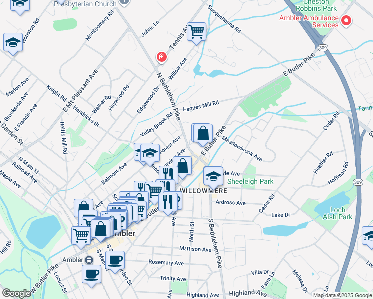 map of restaurants, bars, coffee shops, grocery stores, and more near 368 Fairview Avenue in Ambler