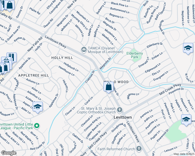 map of restaurants, bars, coffee shops, grocery stores, and more near 23 Crabtree Drive in Levittown