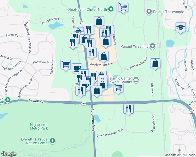 map of restaurants, bars, coffee shops, grocery stores, and more near 55 Meadow Park Avenue in Lewis Center