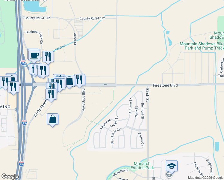 map of restaurants, bars, coffee shops, grocery stores, and more near 4648 Firestone Boulevard in Longmont