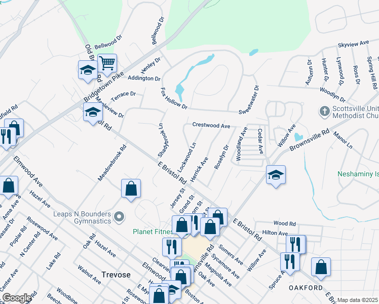 map of restaurants, bars, coffee shops, grocery stores, and more near 2031 Lockwood Lane in Feasterville-Trevose