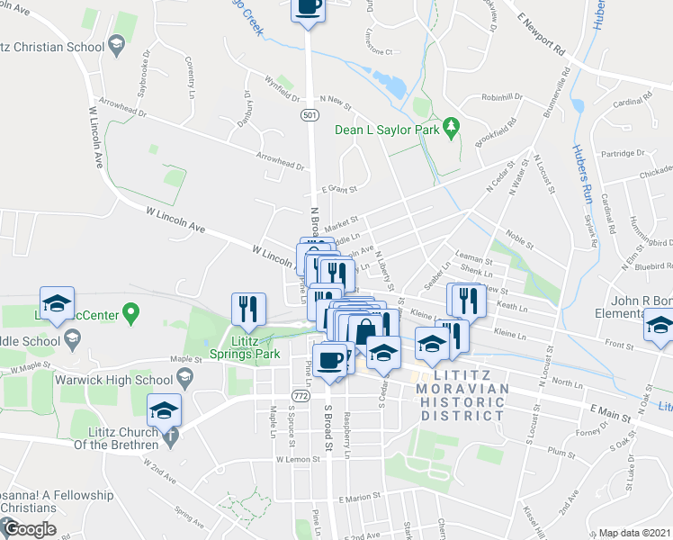 map of restaurants, bars, coffee shops, grocery stores, and more near 16 East Lincoln Avenue in Lititz