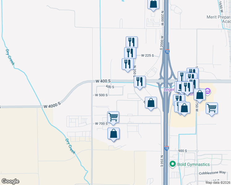 map of restaurants, bars, coffee shops, grocery stores, and more near 2487 West 500 South in Springville