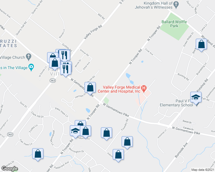 map of restaurants, bars, coffee shops, grocery stores, and more near 605 North Trooper Road in Norristown