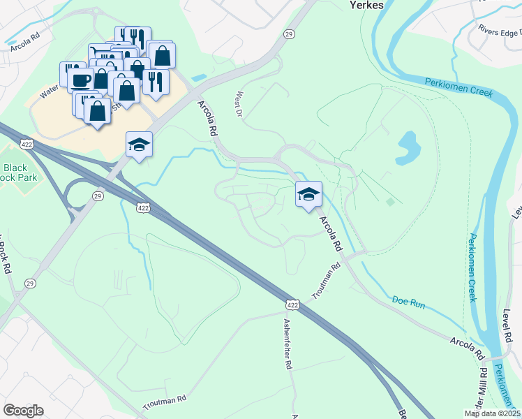 map of restaurants, bars, coffee shops, grocery stores, and more near 913 Taylor Way in Collegeville