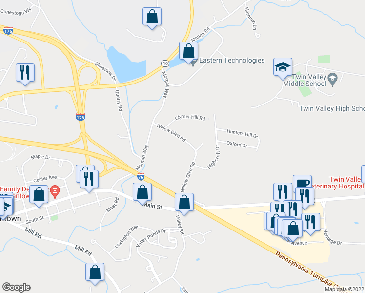 map of restaurants, bars, coffee shops, grocery stores, and more near 261 Willow Glen Road in Morgantown