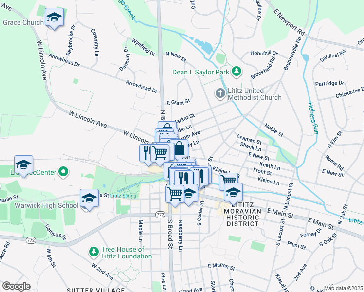 map of restaurants, bars, coffee shops, grocery stores, and more near 15 Front Street in Lititz
