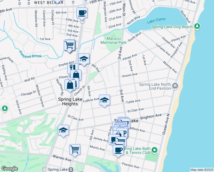 map of restaurants, bars, coffee shops, grocery stores, and more near 315 Worthington Avenue in Spring Lake