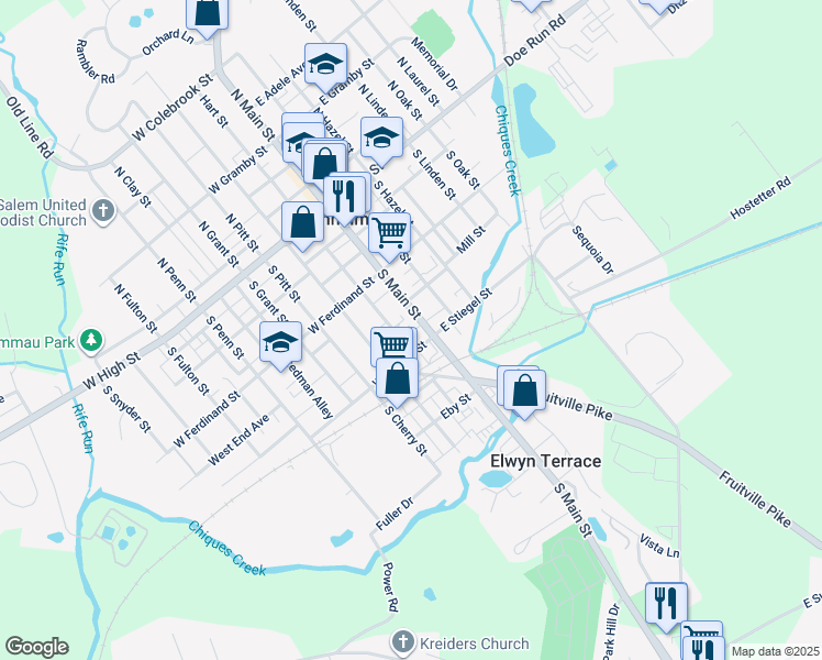 map of restaurants, bars, coffee shops, grocery stores, and more near 168 South Main Street in Manheim