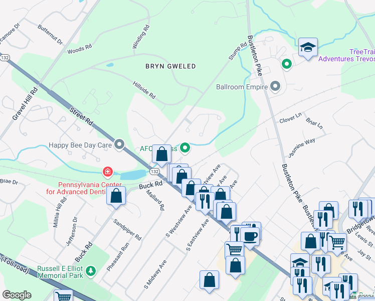 map of restaurants, bars, coffee shops, grocery stores, and more near 1040 Mill Creek Drive in Feasterville-Trevose