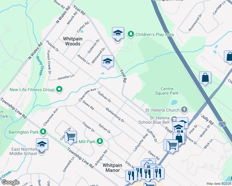 map of restaurants, bars, coffee shops, grocery stores, and more near 1618 Pulaski Drive in Blue Bell