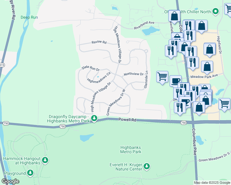map of restaurants, bars, coffee shops, grocery stores, and more near 45 Ridgedale Court in Powell