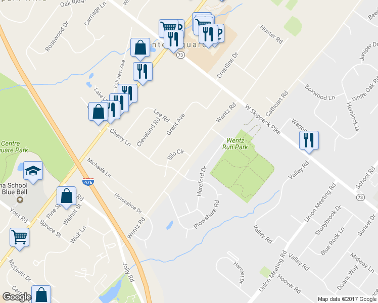 map of restaurants, bars, coffee shops, grocery stores, and more near 1105 Silo Circle in Blue Bell