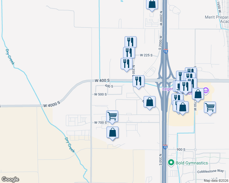 map of restaurants, bars, coffee shops, grocery stores, and more near 2487 West 500 South in Springville