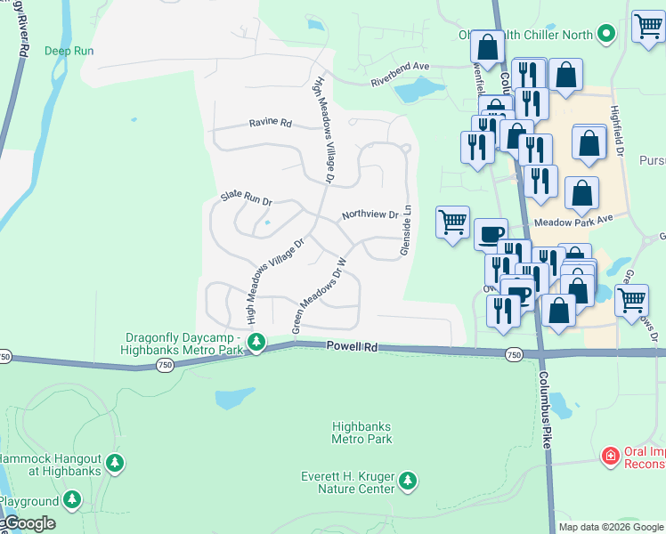 map of restaurants, bars, coffee shops, grocery stores, and more near 445 Green Meadows Drive West in Powell