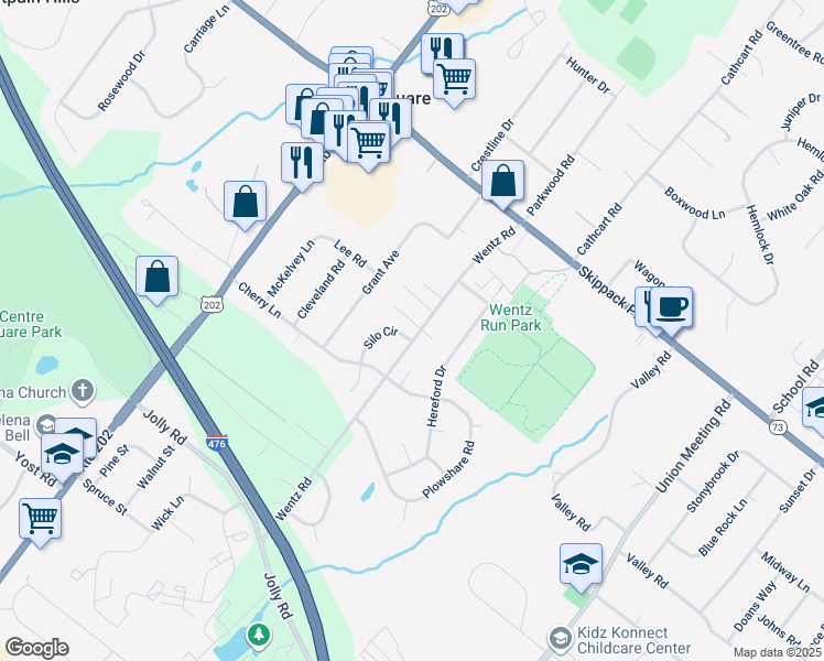 map of restaurants, bars, coffee shops, grocery stores, and more near 1105 Silo Circle in Blue Bell