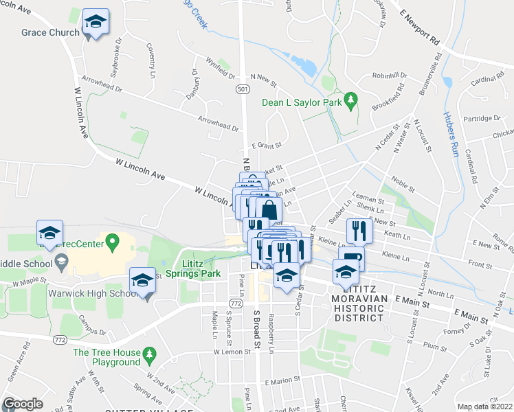 map of restaurants, bars, coffee shops, grocery stores, and more near 8 East Lincoln Avenue in Lititz