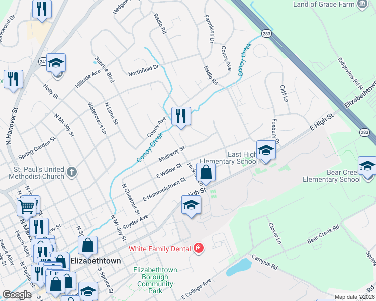 map of restaurants, bars, coffee shops, grocery stores, and more near 601 East Willow Street in Elizabethtown