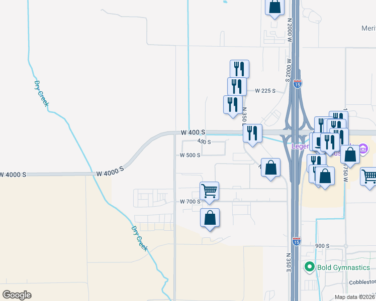 map of restaurants, bars, coffee shops, grocery stores, and more near 2527 West 500 South in Springville