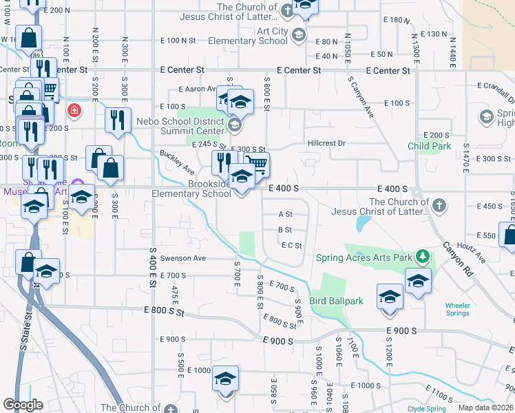 map of restaurants, bars, coffee shops, grocery stores, and more near 134 South Brookside Drive in Springville