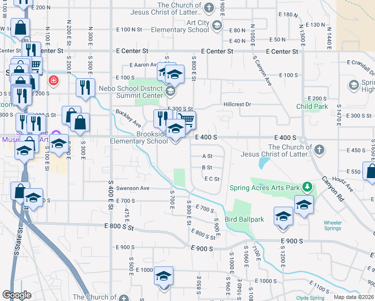map of restaurants, bars, coffee shops, grocery stores, and more near 68 South Brookside Drive in Springville