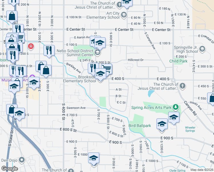 map of restaurants, bars, coffee shops, grocery stores, and more near 68 South Brookside Drive in Springville
