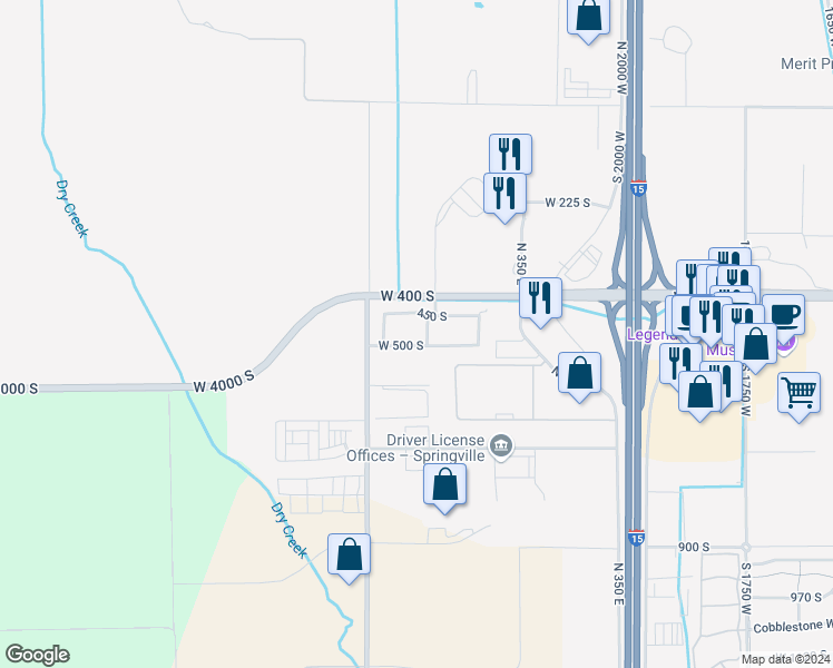 map of restaurants, bars, coffee shops, grocery stores, and more near 482 South 2500 West in Springville