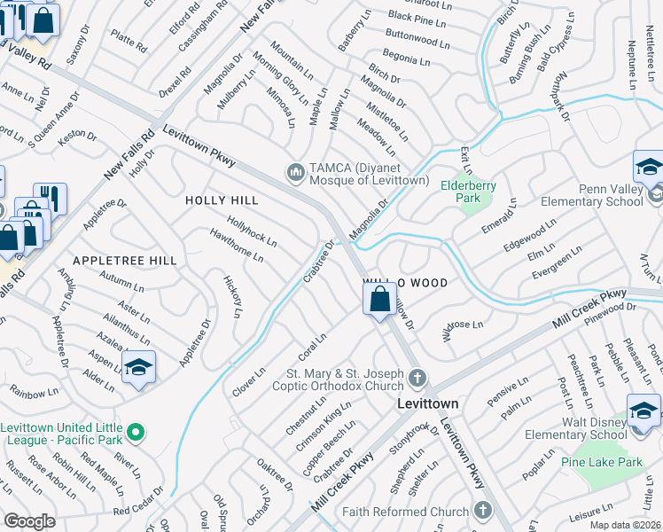 map of restaurants, bars, coffee shops, grocery stores, and more near 22 Catalpa Lane in Levittown
