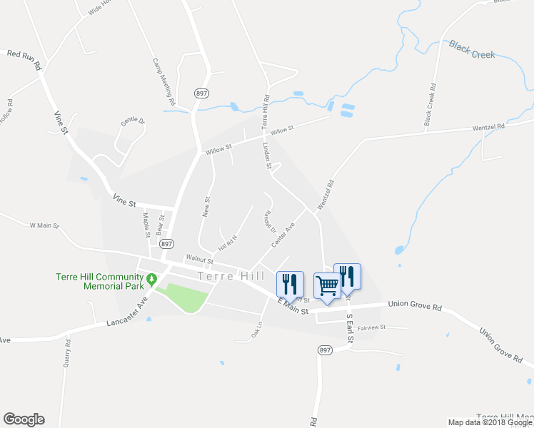 map of restaurants, bars, coffee shops, grocery stores, and more near Randall Drive in Terre Hill