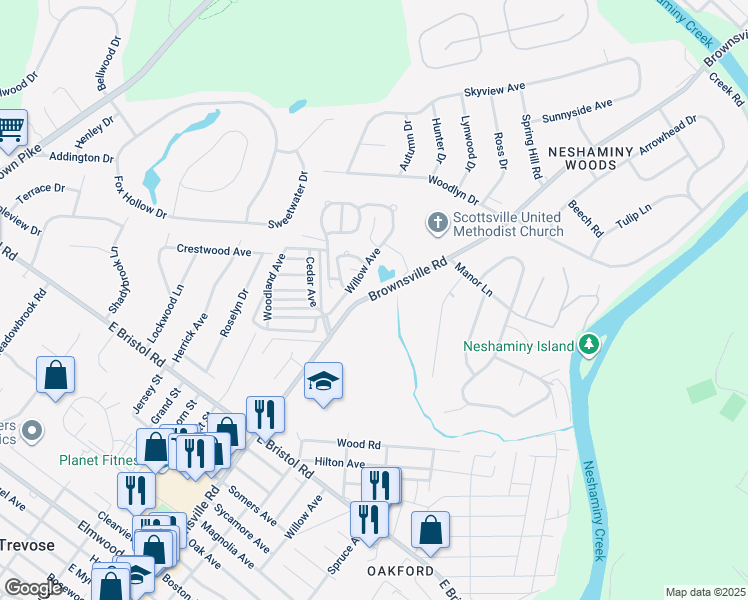 map of restaurants, bars, coffee shops, grocery stores, and more near 2304 Brownsville Road in Langhorne