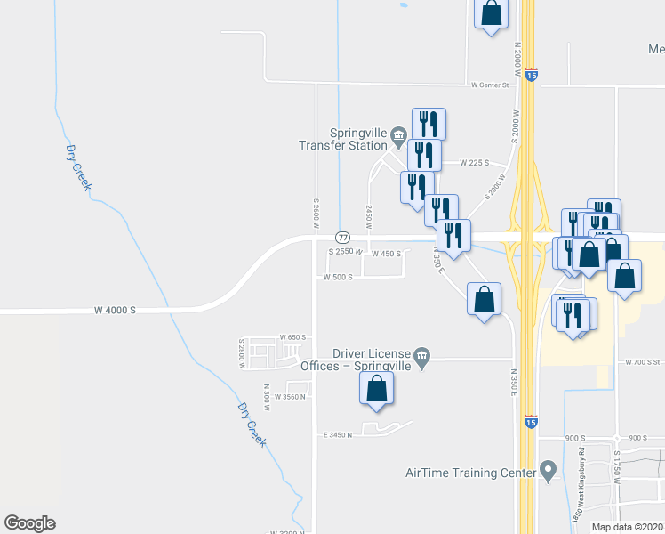 map of restaurants, bars, coffee shops, grocery stores, and more near 2527 West 500 South in Springville