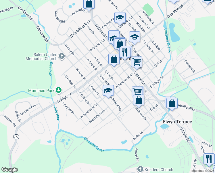 map of restaurants, bars, coffee shops, grocery stores, and more near 207 West Ferdinand Street in Manheim