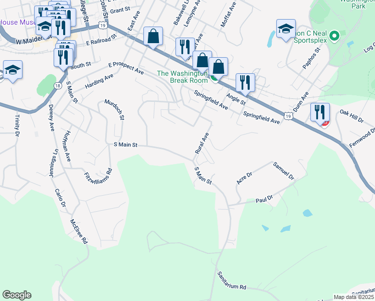 map of restaurants, bars, coffee shops, grocery stores, and more near 893 South Main Street in Washington