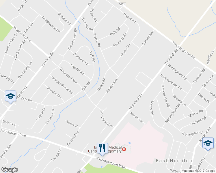 map of restaurants, bars, coffee shops, grocery stores, and more near 3113 Sunset Avenue in Norristown