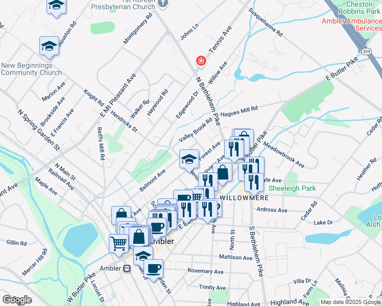 map of restaurants, bars, coffee shops, grocery stores, and more near 309 Forest Avenue in Ambler