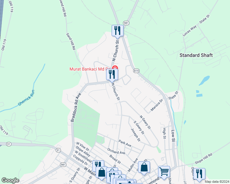 map of restaurants, bars, coffee shops, grocery stores, and more near Pennsylvania 981 in Mount Pleasant