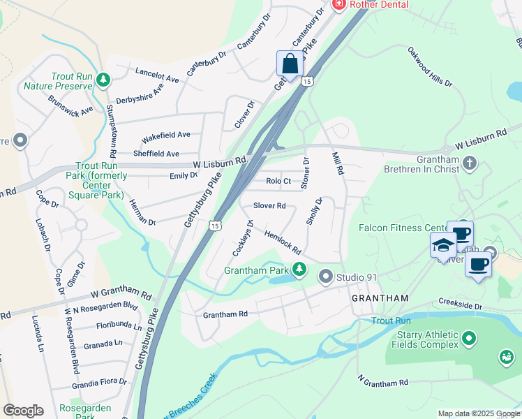 map of restaurants, bars, coffee shops, grocery stores, and more near 108 Slover Road in Mechanicsburg