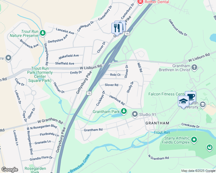 map of restaurants, bars, coffee shops, grocery stores, and more near 108 Slover Road in Mechanicsburg