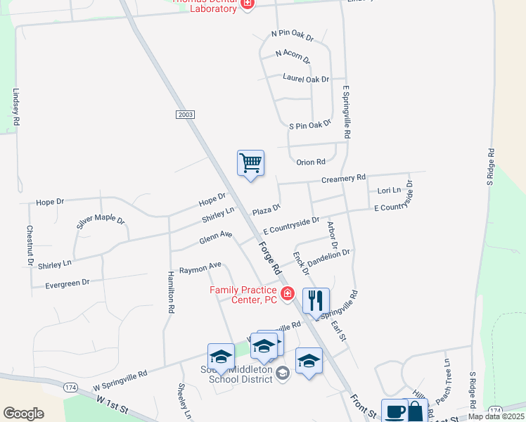 map of restaurants, bars, coffee shops, grocery stores, and more near 201 Plaza Drive in Boiling Springs