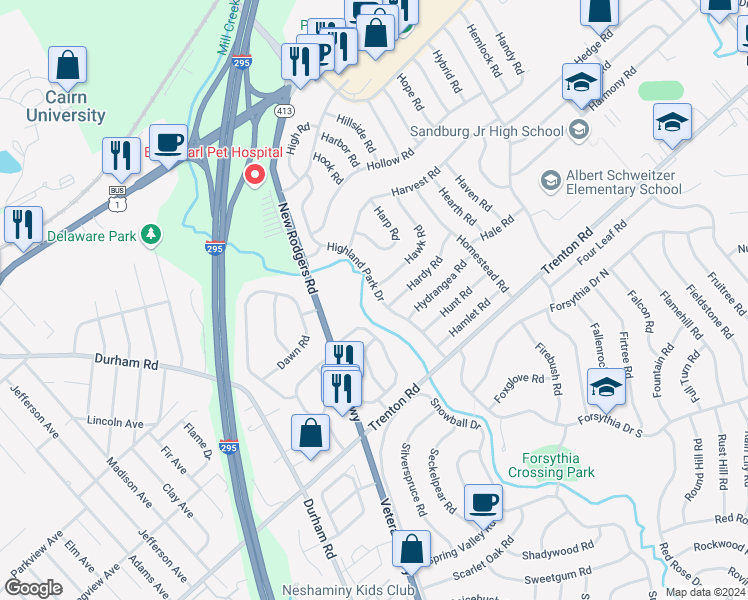 map of restaurants, bars, coffee shops, grocery stores, and more near 53 Highland Park Drive in Levittown
