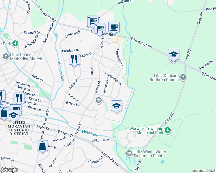 map of restaurants, bars, coffee shops, grocery stores, and more near 221 Andover Lane in Lititz