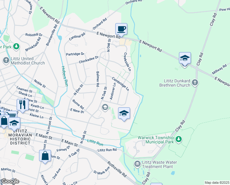 map of restaurants, bars, coffee shops, grocery stores, and more near 221 Andover Lane in Lititz