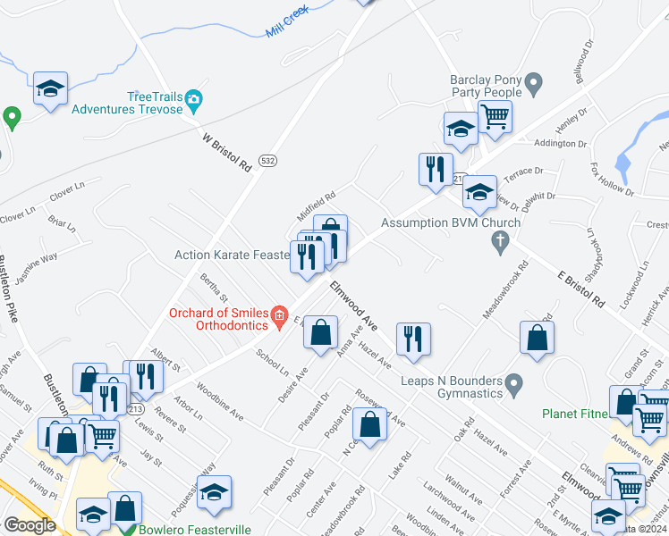 map of restaurants, bars, coffee shops, grocery stores, and more near 1807 Bridgetown Pike in Feasterville-Trevose