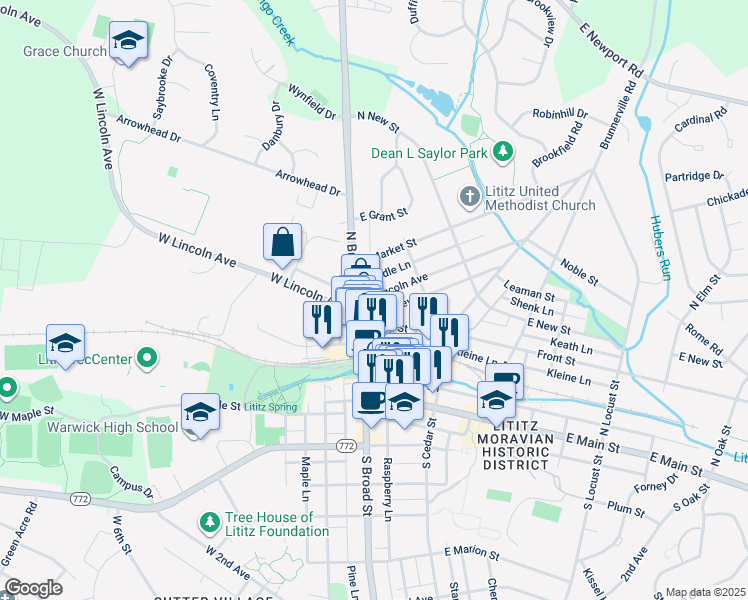 map of restaurants, bars, coffee shops, grocery stores, and more near 16 East Lincoln Avenue in Lititz