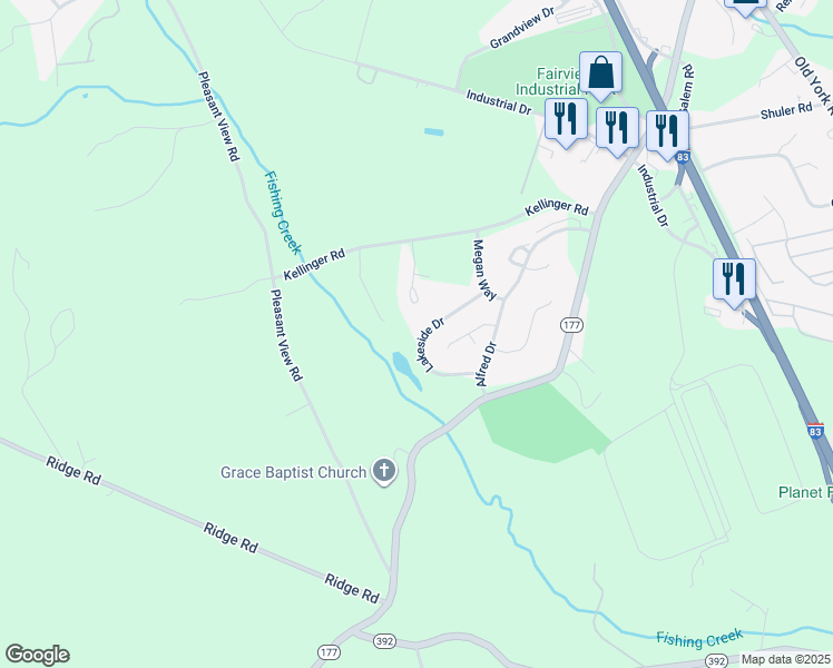 map of restaurants, bars, coffee shops, grocery stores, and more near 128 Lakeside Drive in Lewisberry