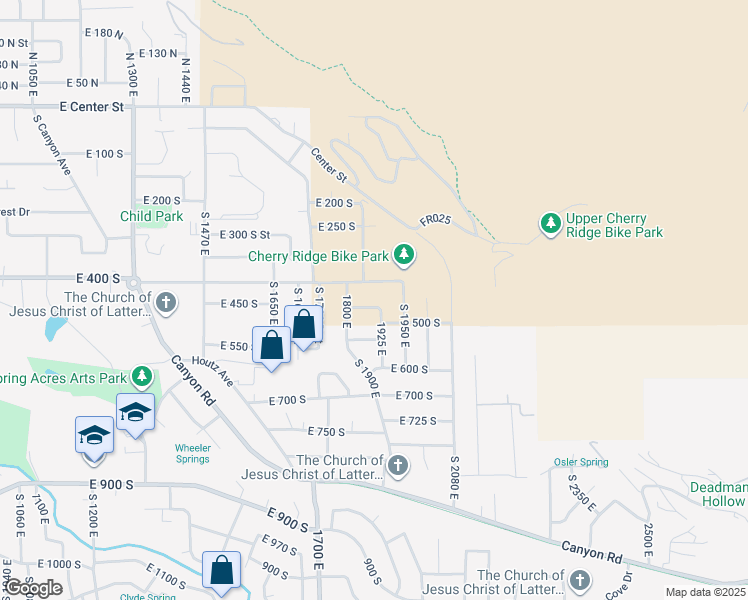 map of restaurants, bars, coffee shops, grocery stores, and more near 1936 East 400 South in Springville