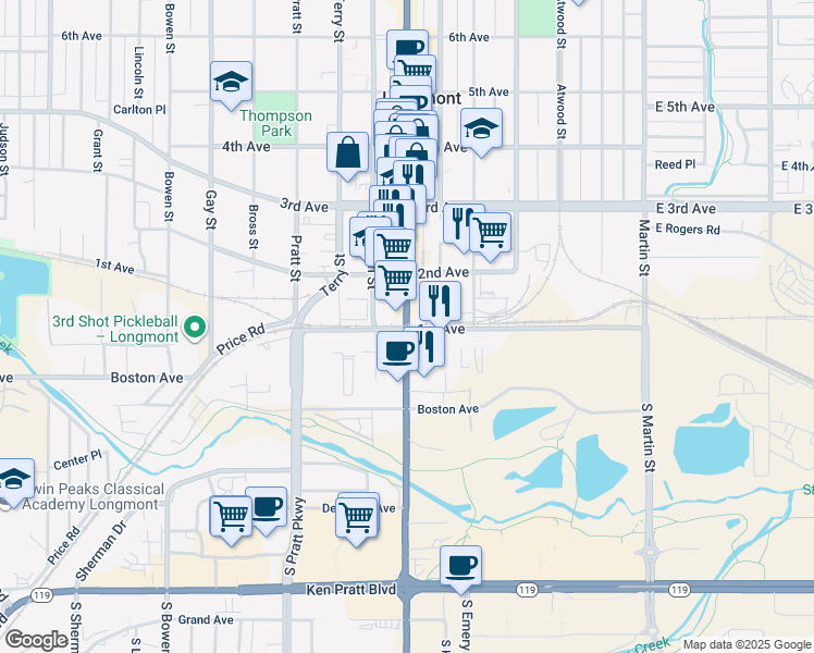 map of restaurants, bars, coffee shops, grocery stores, and more near 110 Main Street in Longmont